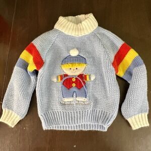 Vintage Baby Sweater 18M Blue Knit Skater Boy Rainbow Sleeves 80s Excellent Cond